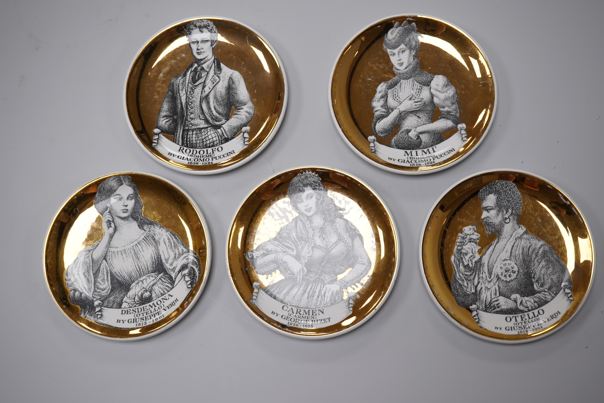 Fornasetti, a group of five operatic coasters, ‘Melodramma’ to include Otello and Desdemona, 10cm in diameter